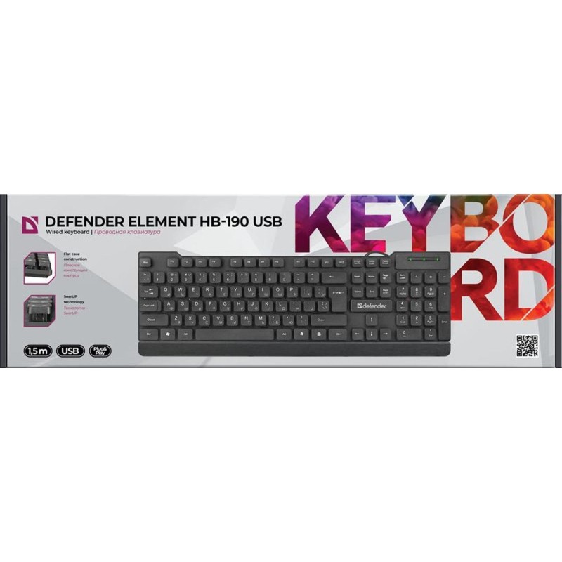 Клавиатура Defender Element HB-190 USB RU,черный,полноразмерная, проводная