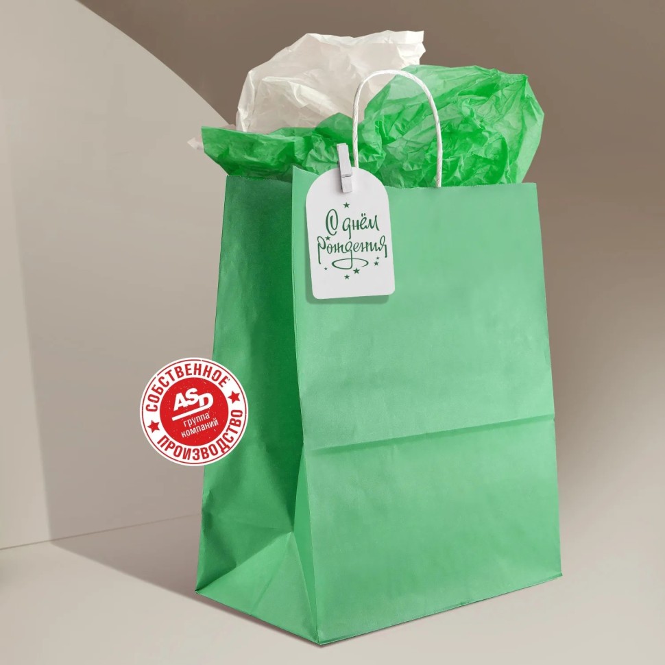 Пакет бумажный 260х150х340 мм, 70 гр/м2,с круч. ручками,зеленый,200 шт/уп