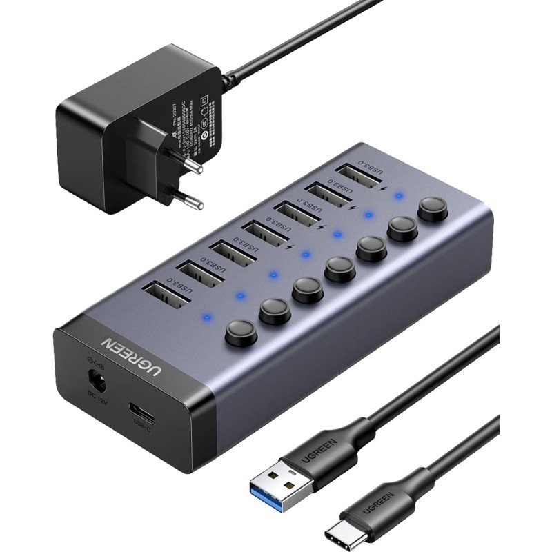 Разветвитель USB UGREEN CM481 (90307) USB-C to 7-Port USB-A 3.0/DC 12V/черн