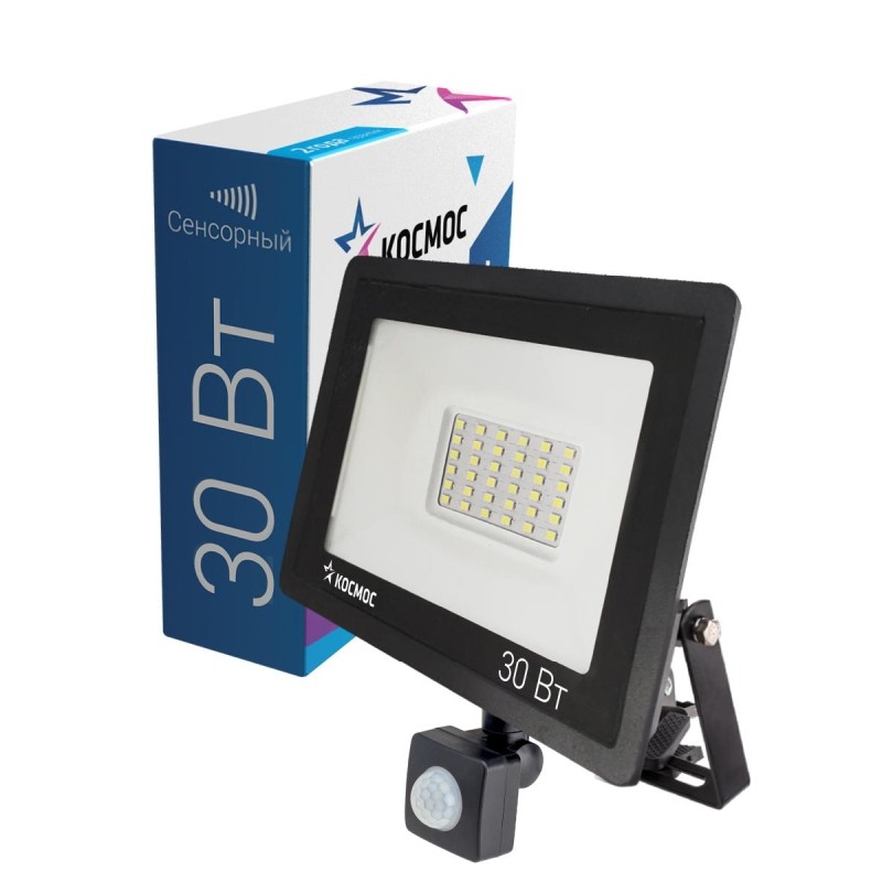 Прожектор светодиодный КОСМОС K_PR5_LED_30S 30Вт c датчиком, 2400 Лм, IP65