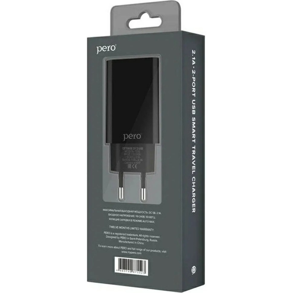Зарядное устройство сет. PERO TC02 2USB 2.1A c каб. Lightning черный Зарядное устройство сет. PERO TC02 2USB 2.1A c каб. Lightning черный