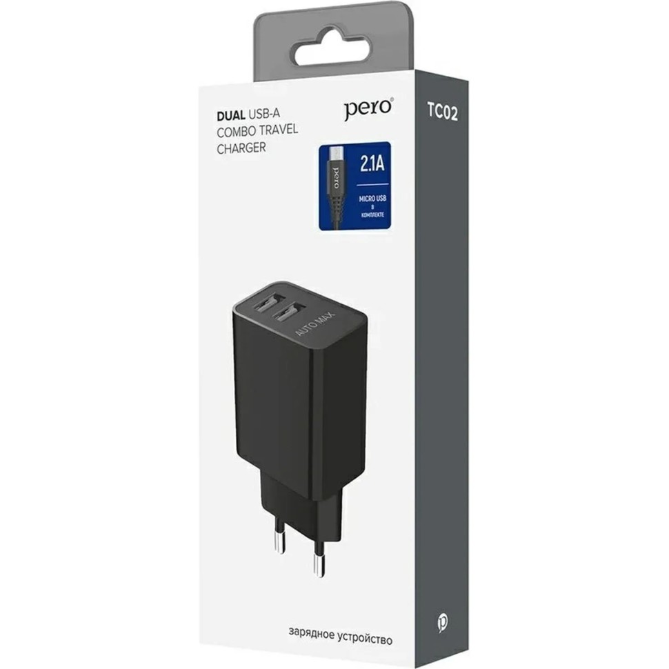 Зарядное устройство сет. PERO TC02 2USB 2.1A c каб. Micro USB черный Зарядное устройство сет. PERO TC02 2USB 2.1A c каб. Micro USB черный