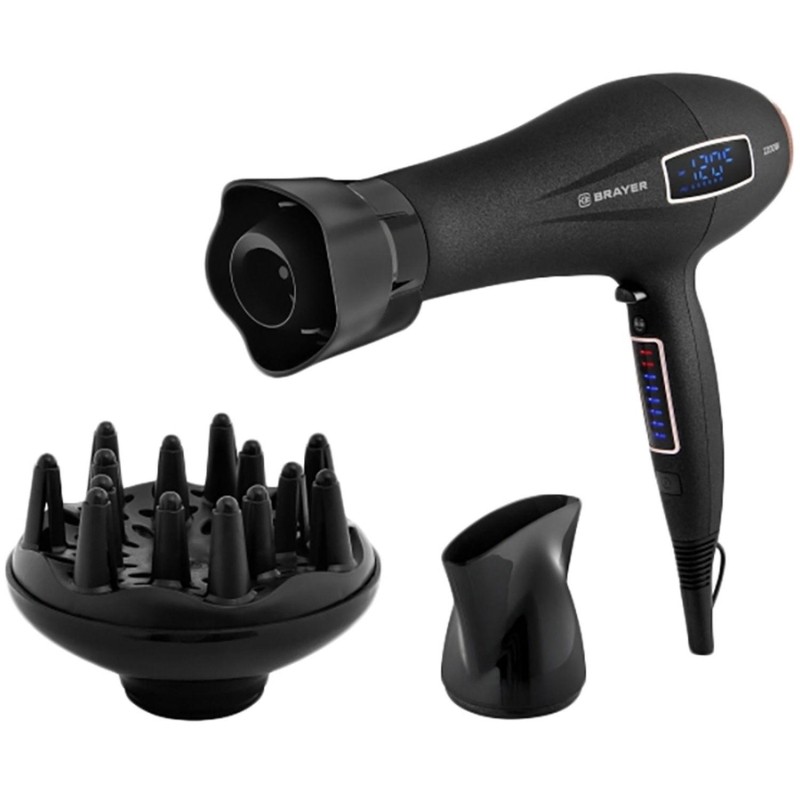 Фен BRAYER BR3001, 2200 Вт, LED, 6 cкор, 8 темп. Дифузор