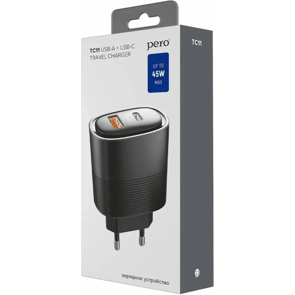 Зарядное устройство сет. PERO TC11 USB-A QC3.0 + USB-C PD, 45W черный Зарядное устройство сет. PERO TC11 USB-A QC3.0 + USB-C PD, 45W черный