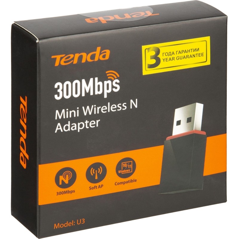 Сетевой адаптер Wi-Fi Tenda U3 USB, 4 (802.11n), 300 Мбит/с, 2.4 ГГц