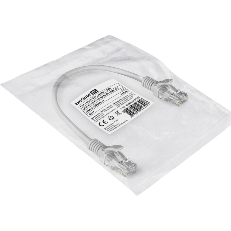 Патч-корд ExeGate UTP-RJ45-RJ45-5e-0,3M-LSZH-GY, cat.5e, 0.3м &lt;EX286375RUS