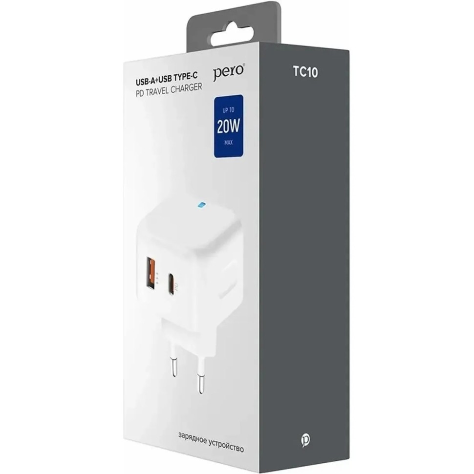 Зарядное устройство сет. PERO TC10 USB-C + USB-A c каб. C to C 20W, белый Зарядное устройство сет. PERO TC10 USB-C + USB-A c каб. C to C 20W, белый