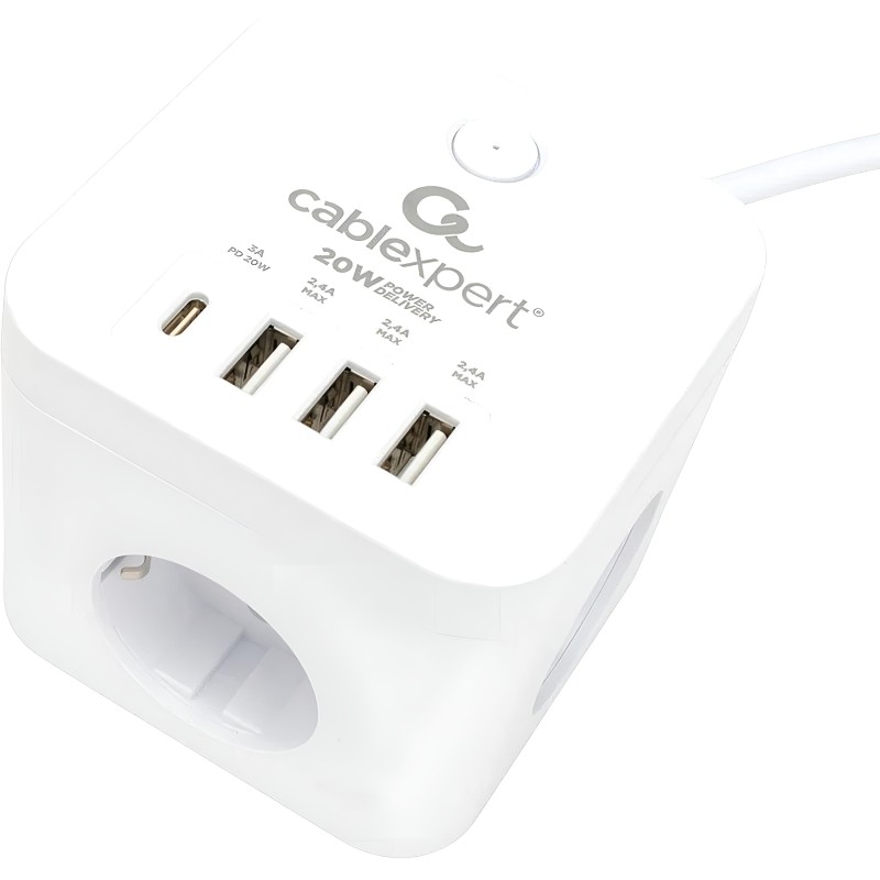 Сетевой фильтр Cablexpert Cube 3р/1,5м, 10А, 3xUSB, белый(CUBE-3-CU3-W-1.5)