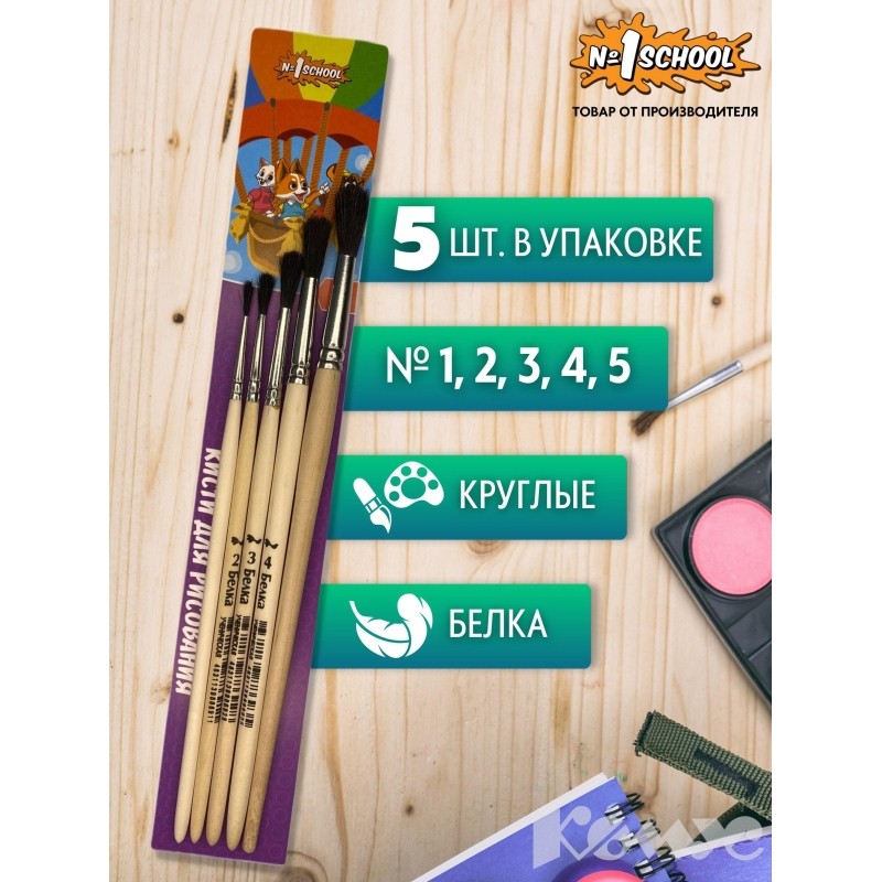 Кисть набор 5 шт.№1School Шустрики белка ученическая круглая №1,№2,№3,№4,№5