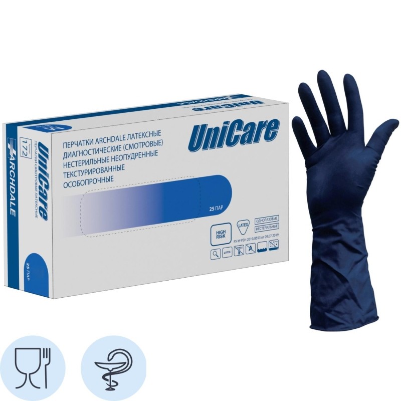 Перчатки латексные н/с, н/о UNICARE р.XL (25пар/уп),ПС
