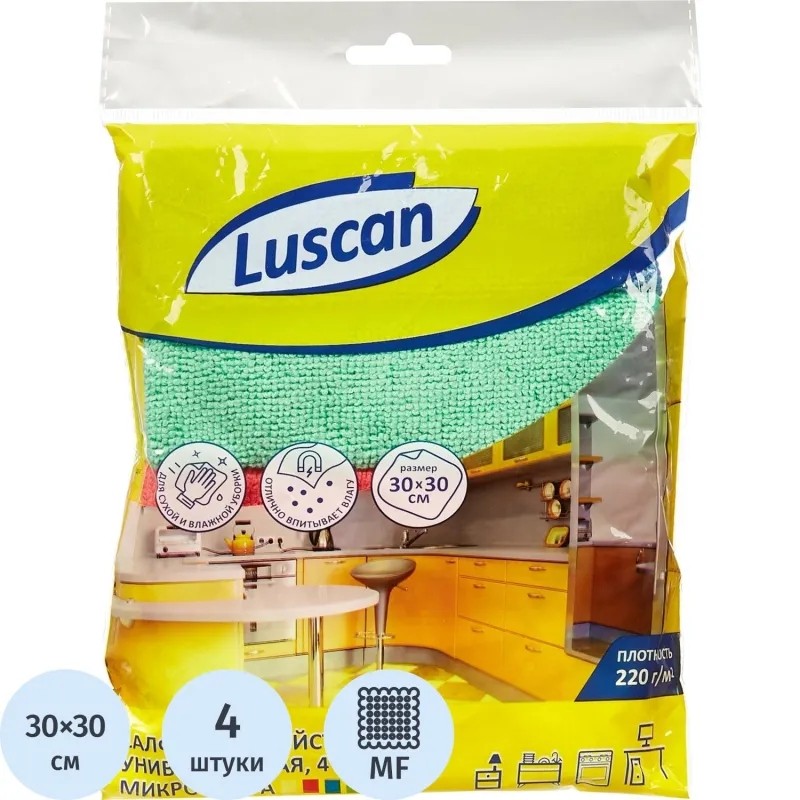 Салфетки хозяйственные Luscan универсальн микрофибра 220г 30х30см 4шт/уп