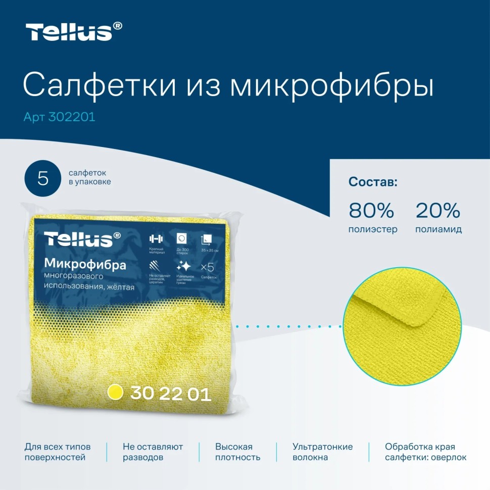 Салфетки хозяйственные микрофибра Tellus 35х35см желтый 5л/пач 28/уп_302201