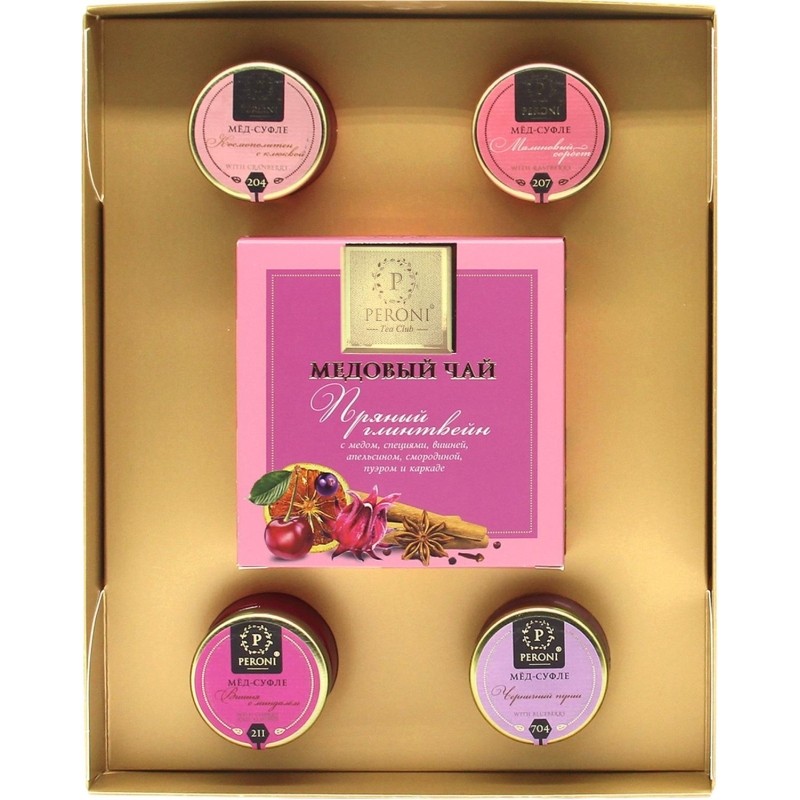 Мед и чай набор Peroni Romantic Confection, 4х30г + чай 35г 4наб/уп