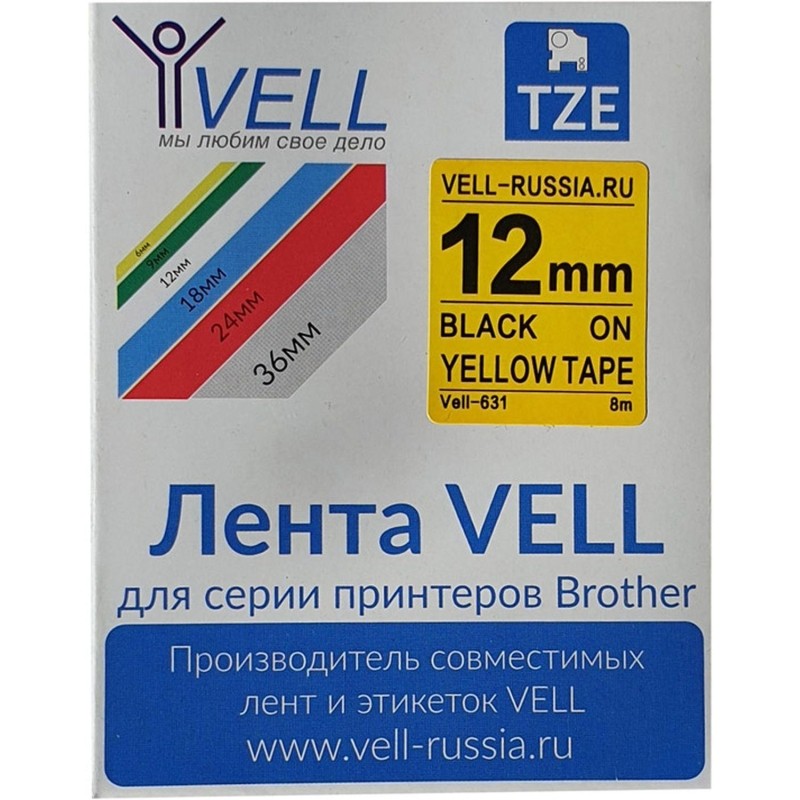 Картридж Vell VL-631 (Brother TZE-631, 12 мм, чер на желтом) для PT Vell631