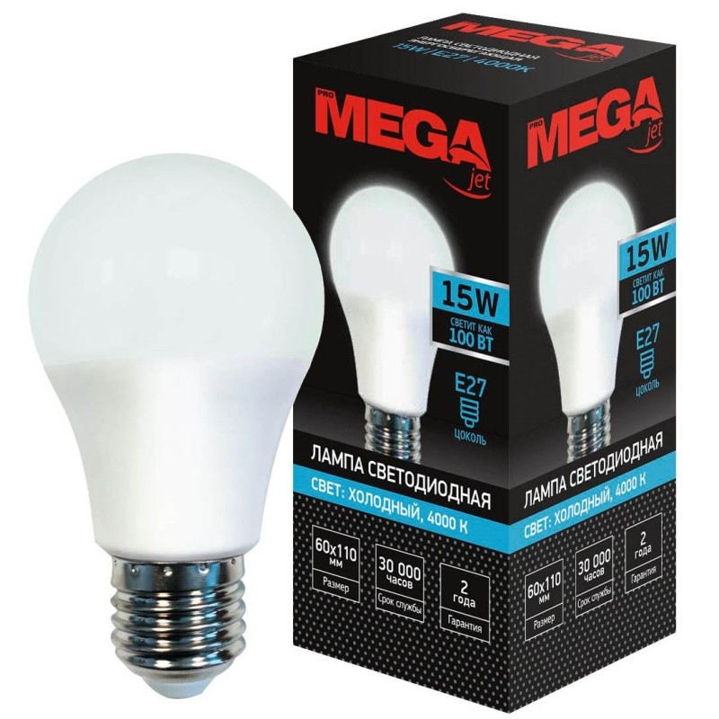Лампа светодиодная Mega E27 15W 4000K  груша