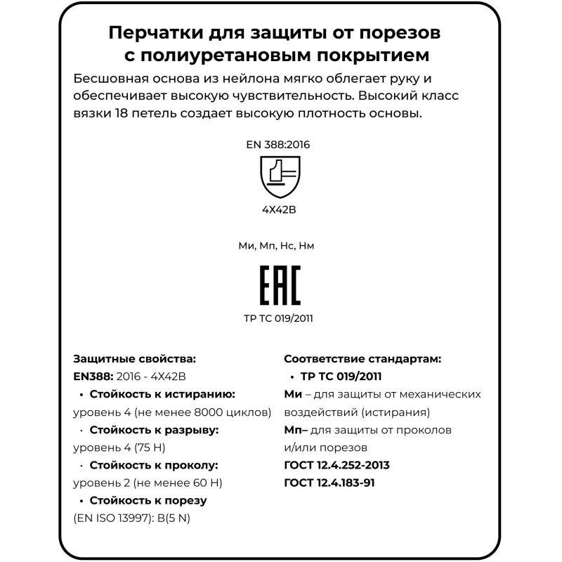Перчатки защитные от порезов SCAFFA Рубеж ПУ Тач В DY1850-PU р.9