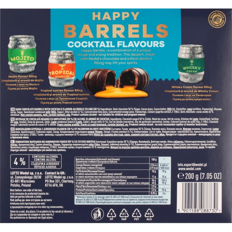 Набор шоколадных конфет Happy Barrels ассорти с коктейльной начинкой, 200г Набор шоколадных конфет Happy Barrels ассорти с коктейльной начинкой, 200г