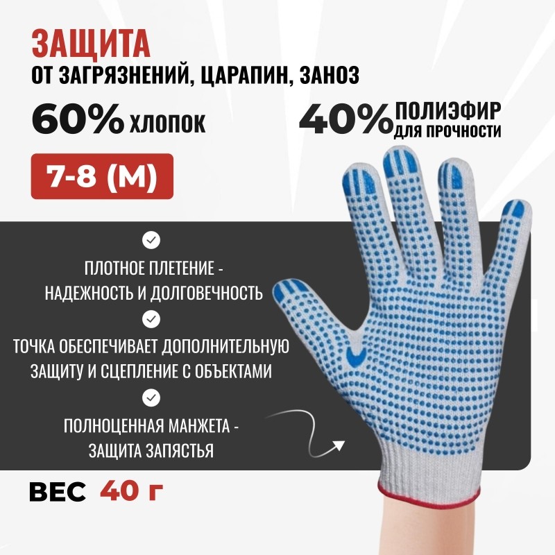 Перчатки защитные трикотажные ПВХ Точка 10кл4нити 40-42гр белые (250пар/уп)