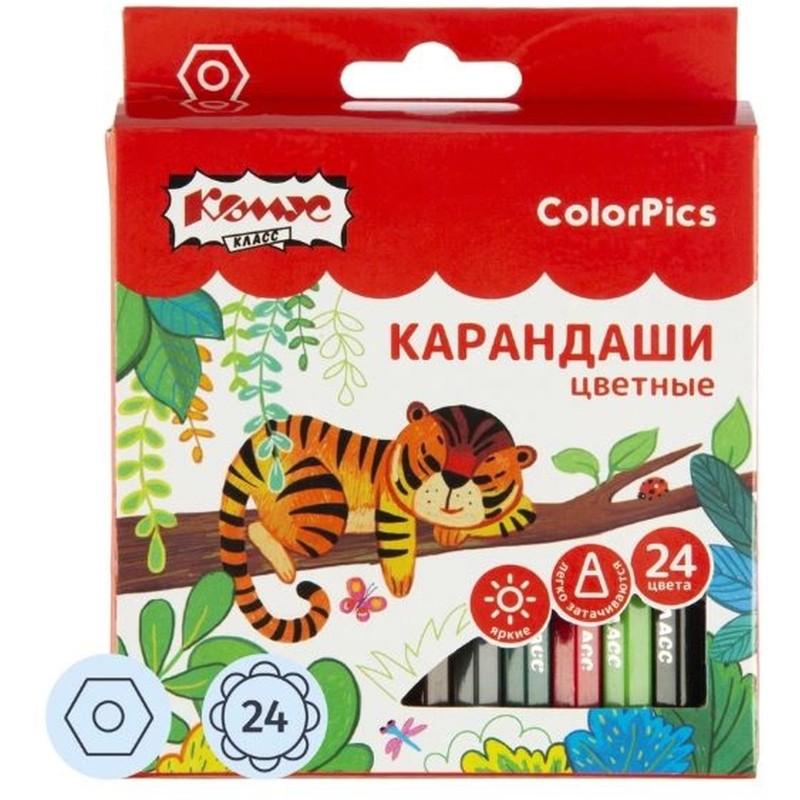 Карандаши цветные 24 цв 6-гран №1School Шустрики(Комус Класс) короткие,88мм