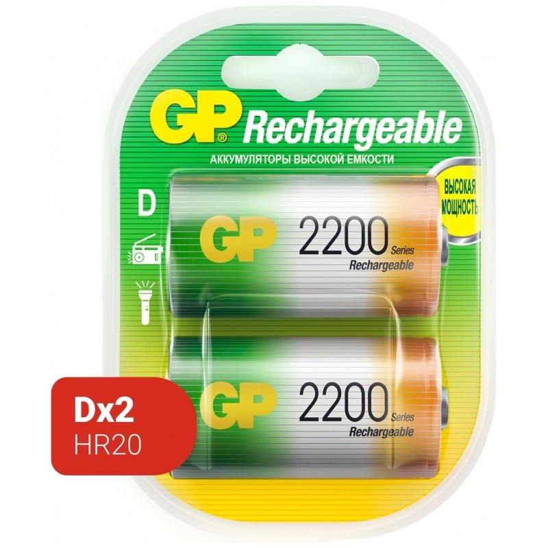 Аккумулятор GP 220DHC типоразмер D емкость 2200mAh бл/2шт, 220DH-2CR2