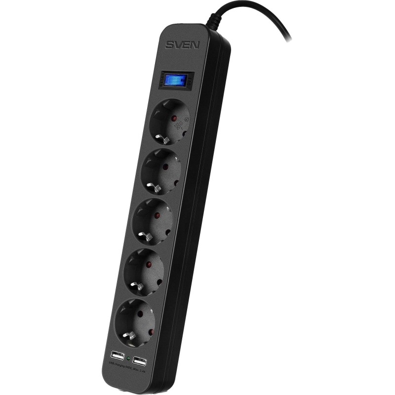 Сетевой фильтр SVEN SF-05LU 5.0 м (5м/5р,2xUSB(2.4А)) черный(SV-018856)