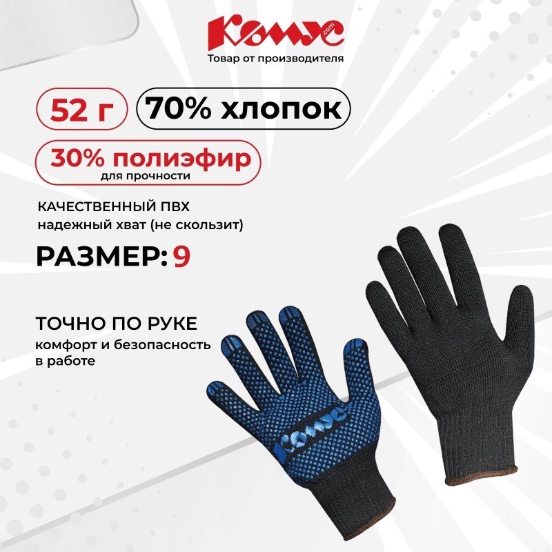 Перчатки защитные трикотажн КОМУС ПВХ Точка 5 нит 52г 10 кл черн р9 5пар/уп