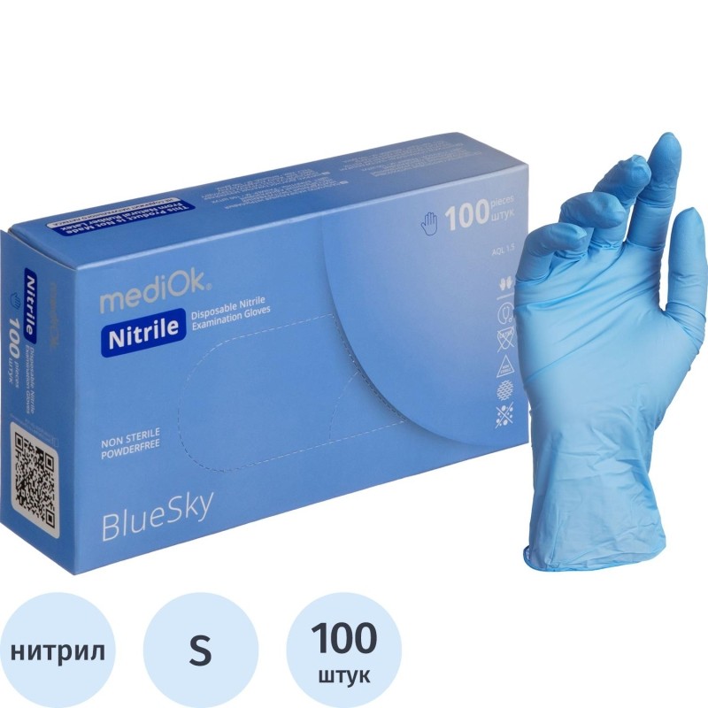 Перчатки mediOk нитрил.,голубой Blue Sky 4г., (S) 50пар/уп