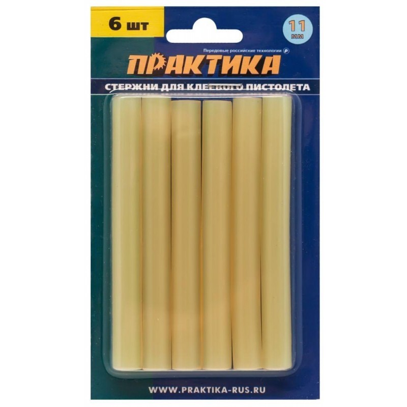 Стержень клеевой ПРАКТИКА d11х100мм желтый/прозрачный, 6шт. (641-633)