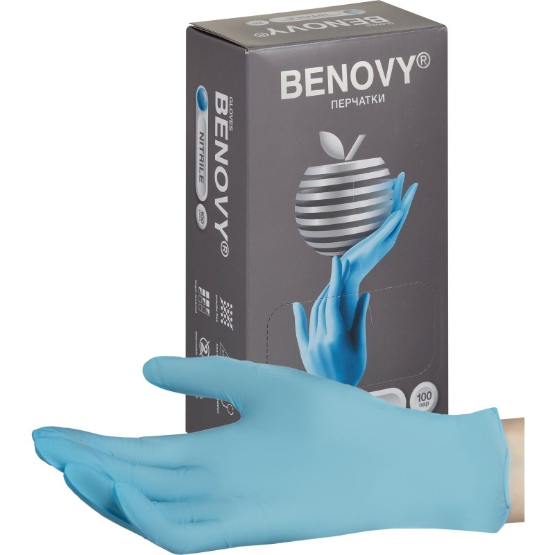 Перчатки нитрил., нестер., н/о, голубой Benovy (M) 100пар/уп
