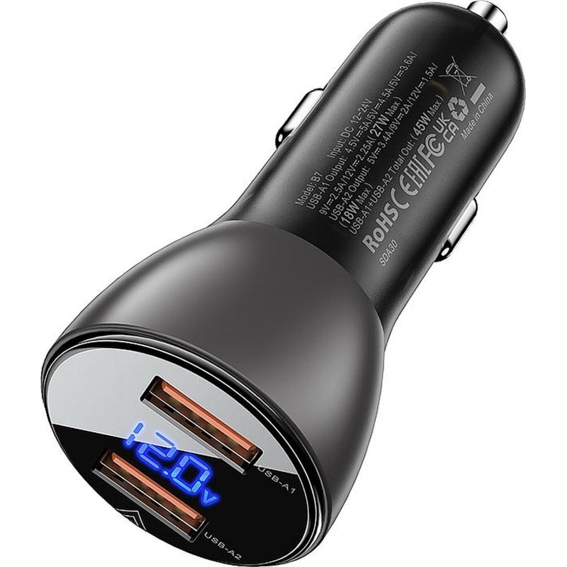 Зарядное устройство ACEFAST B7 metal  45W USB-A+USB-A,автомоб,черн/полупроз
