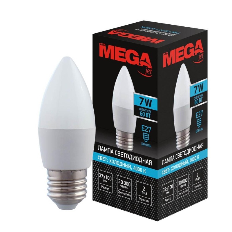 Лампа светодиодная Mega 7W E27 4000K нейт.свет свеча