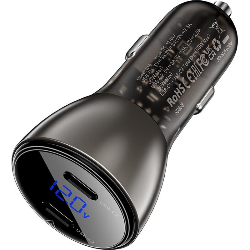 Зарядное устройство ACEFAST B10 metal  60W (USB-C + USB-C) автомоб, черный
