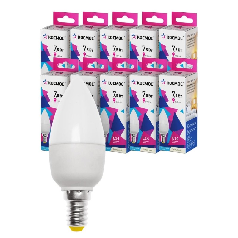 Лампа светодиодная КОСМОС CN 7.5W E14 3000K 10 шт/уп (LED7.5wCNE1430_10)