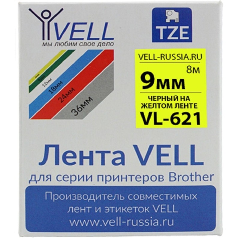 Картридж Vell VL-621 (Brother TZE-621, 9 мм, чер на желтом) для PT {Vell621