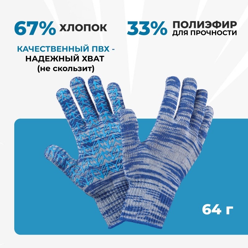 Перчатки х/б 10 класс вязки синие плотные Елочка инд/уп