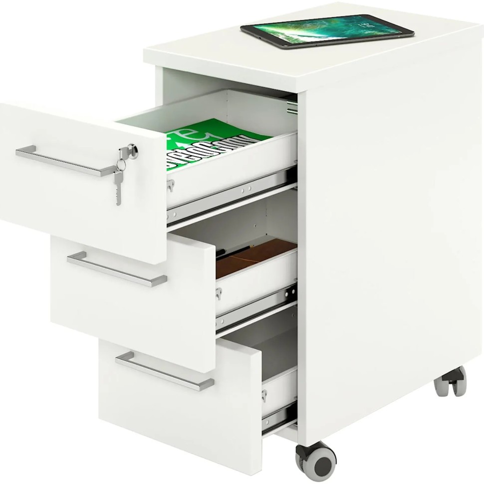 Тумба мобильная ZAMM Формат узкая 3 ящика c центр. замком. 500мм Бел./Бел