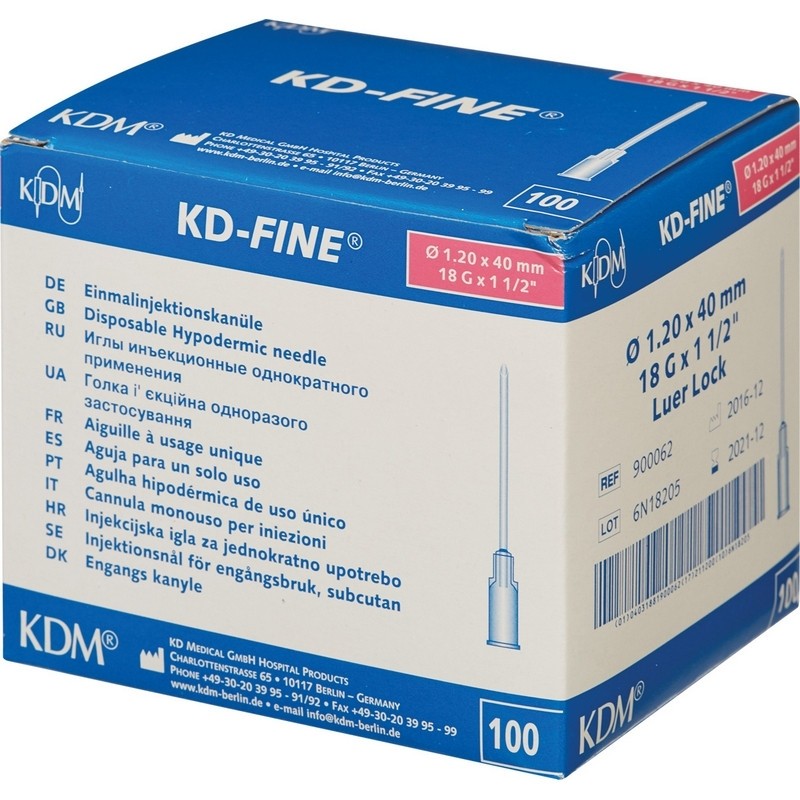 Игла инъекционная 18G (1,2х40мм) Luer lock KD-Fine 100шт/уп