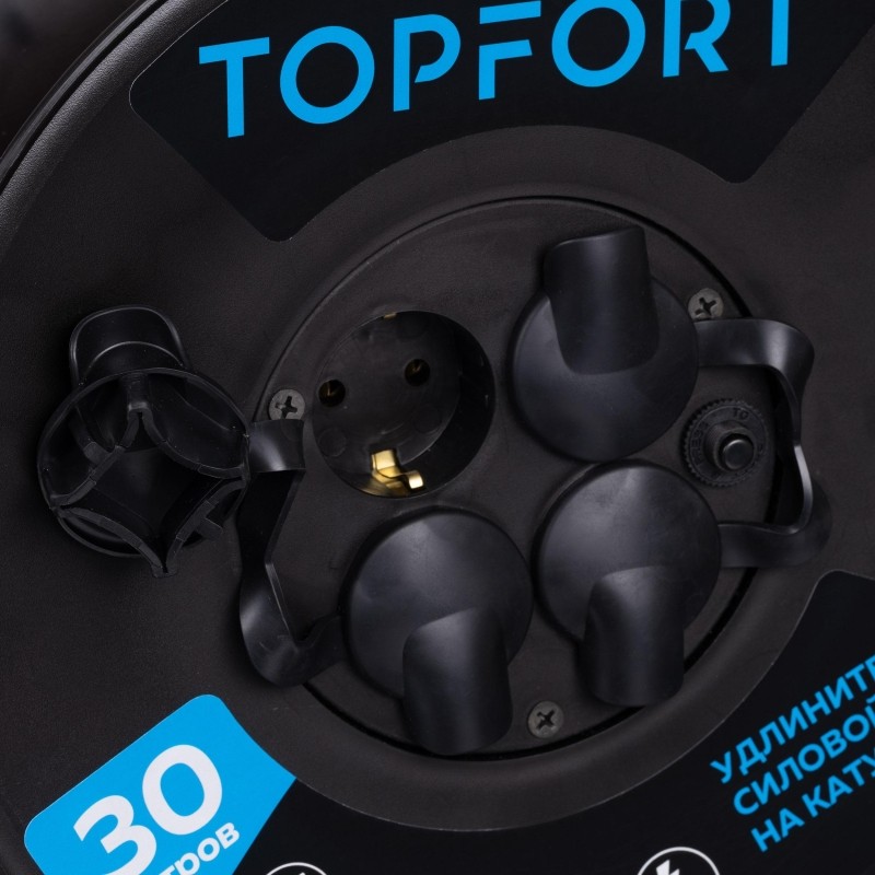 Удлинитель Topfort ПВС 2х1,5кв.мм, 30м на пласт.катушке, 4 роз. б/з, IP44