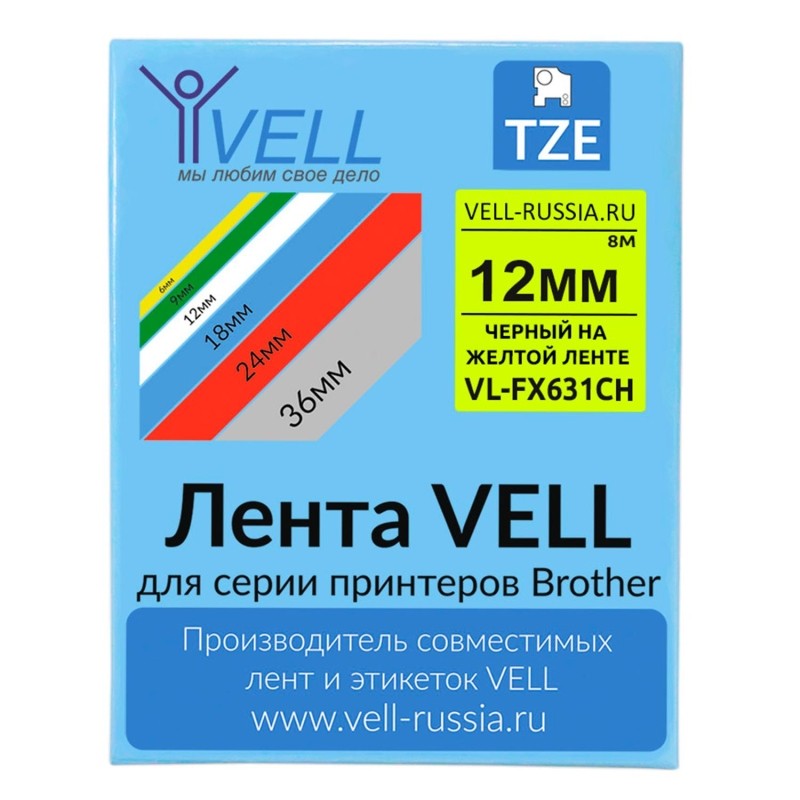 Картридж Vell VL-FX631CH(с чипом,12мм,черный/желтом)для PT-100E/100ECH/D200