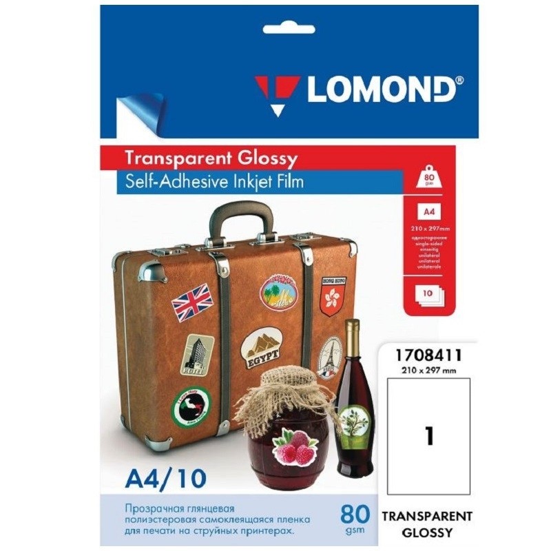 Пленка для проекторов Lomond (1708411) самокл. д/струйн. А4 80г/м2, 10л/уп