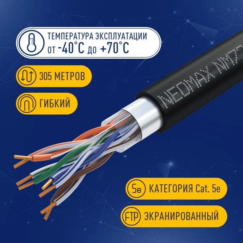Кабель NEOMAX [NM721032-P] F/UTP cat.5e 4п 305м 25AWG медь внешний PE чер