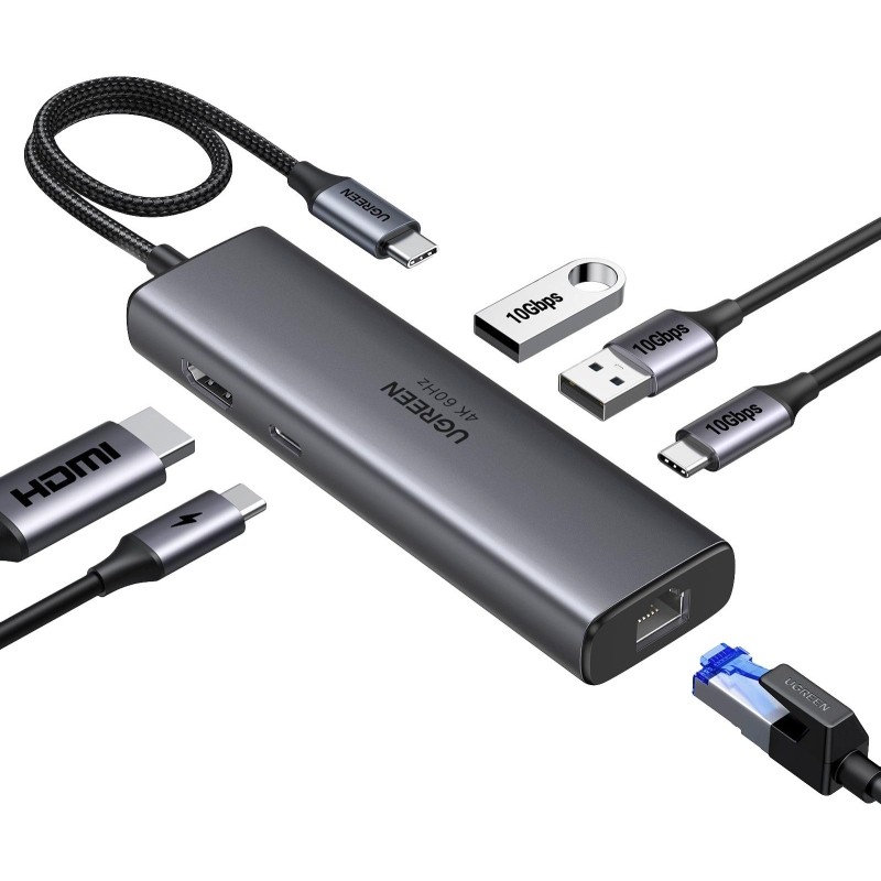 Разветвитель USB UGREEN CM512(45000)USB-C to HDMI/2xUSB-A/USB-C/RJ45/PD ср