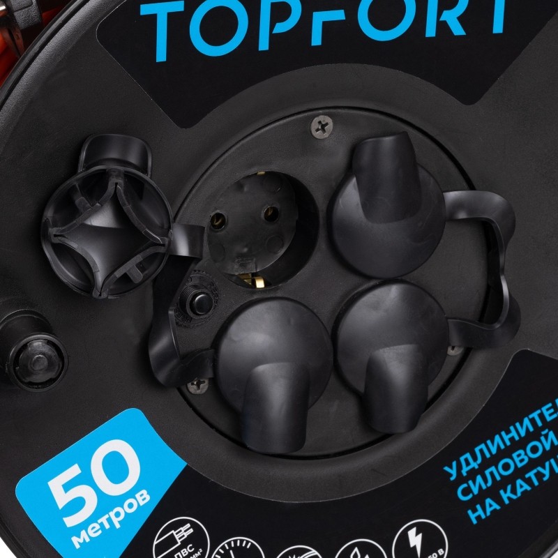 Удлинитель Topfort ПВС 2х1,5кв.мм, 50м на пласт.катушке, 4 роз. б/з, IP44