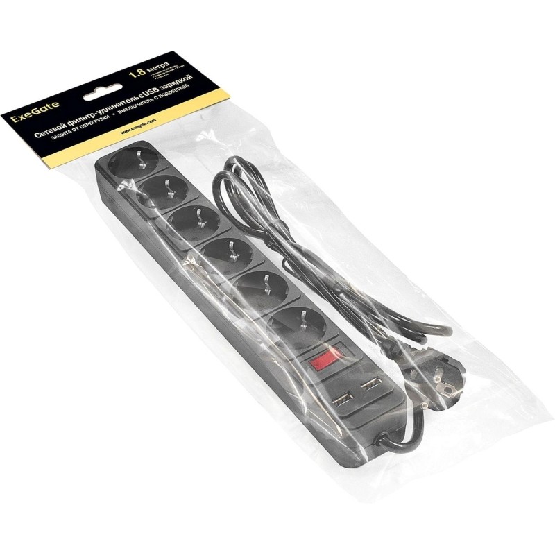 Сетевой фильтр ExeGate SP-6-USB-1.8B 6р/1,8м, 2 USB, черный(EX295492RUS)
