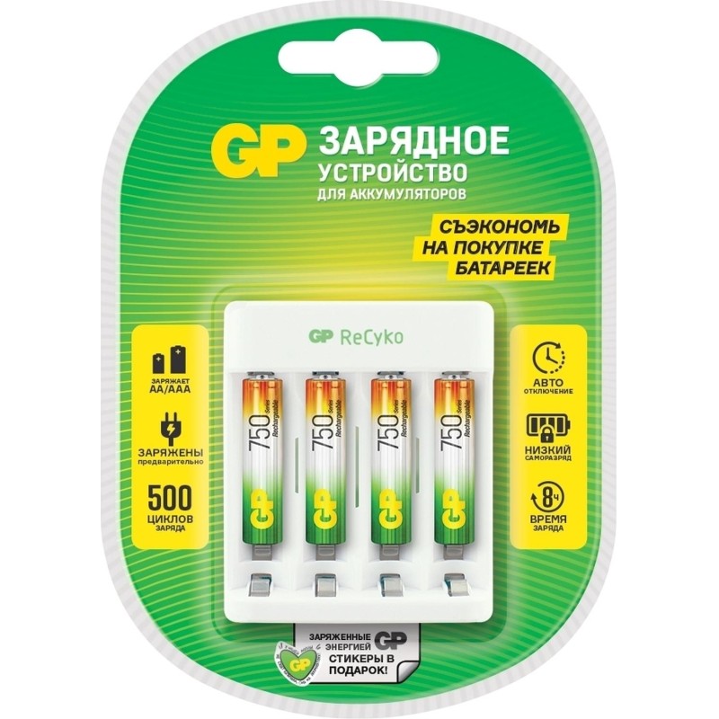 Зарядное устройство GP E411/75AAAHCCS-2CR1, 4 слота + 4 акк. 750 mAh