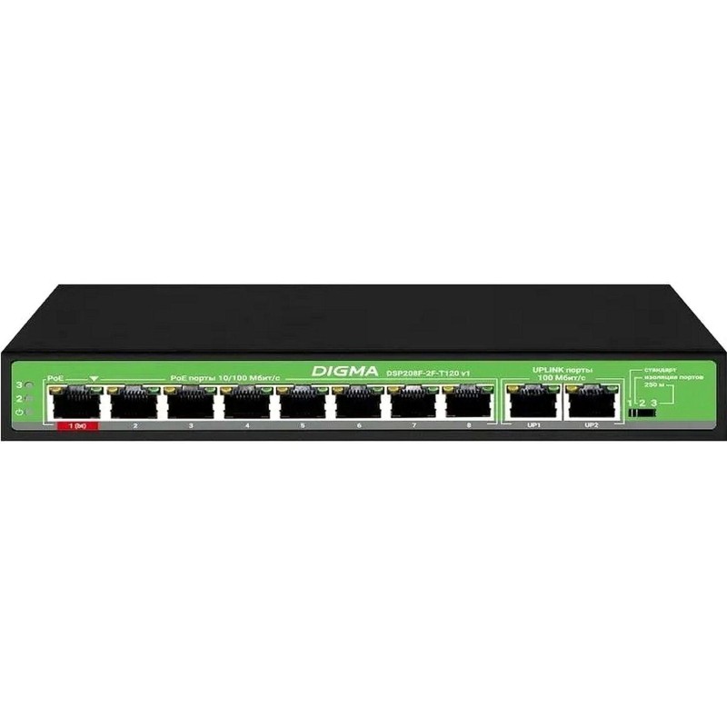 Коммутатор Digma DSP208F-2F-T120 V1 (L2) 10x100Мбит/8PoE+ 120W неупр
