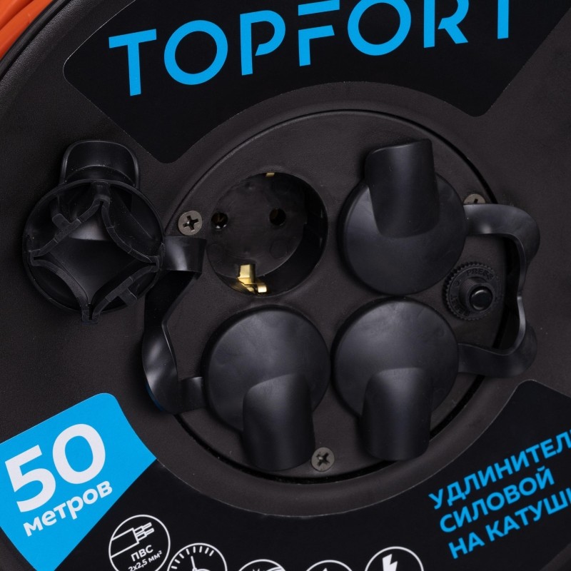 Удлинитель Topfort ПВС 2х2,5кв.мм, 50м на пласт.катушке, 4 роз. б/з, IP44
