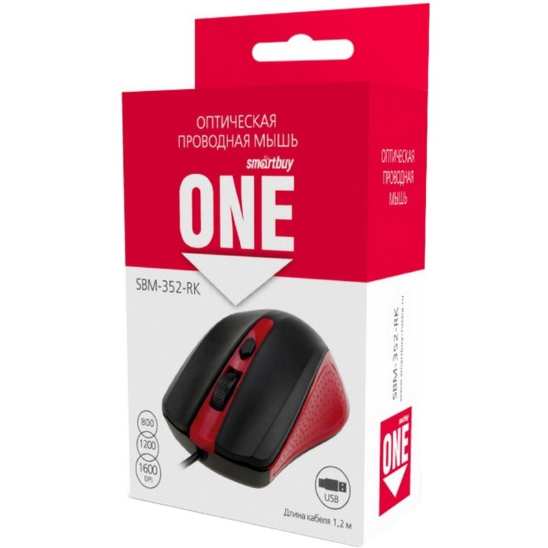 Мышь компьютерная Smartbuy ONE 352 провод, красно-черная (SBM-352-RK) / 100