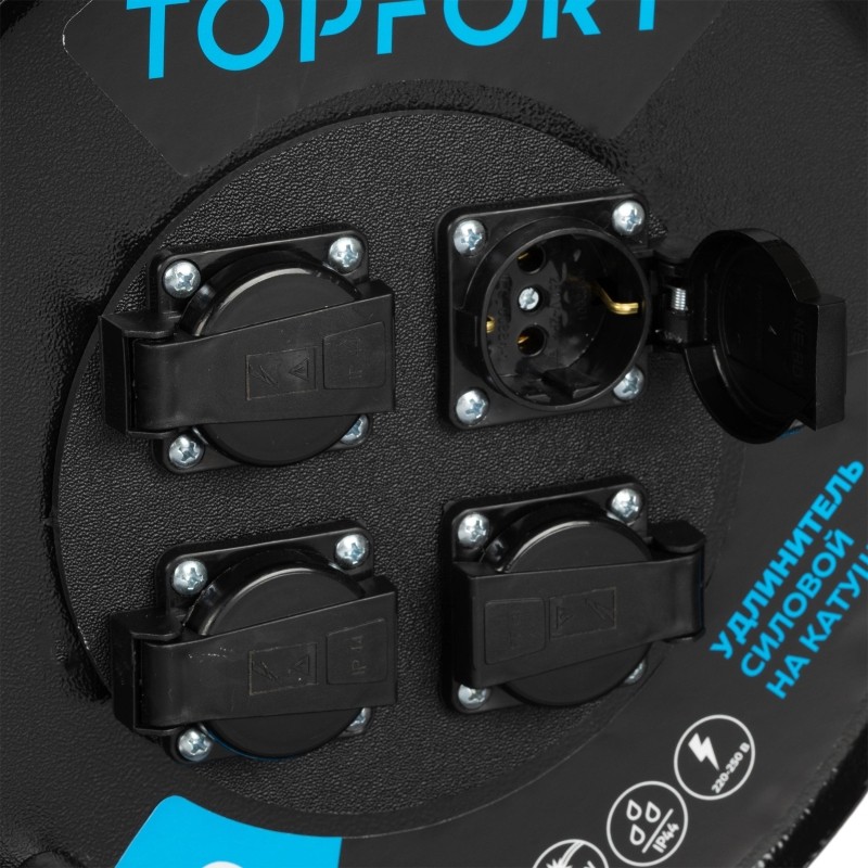 Удлинитель Topfort КГ 3х1,5 50м, на мет.катушке, 4 гнезда с/з.,с/загл.,IP44