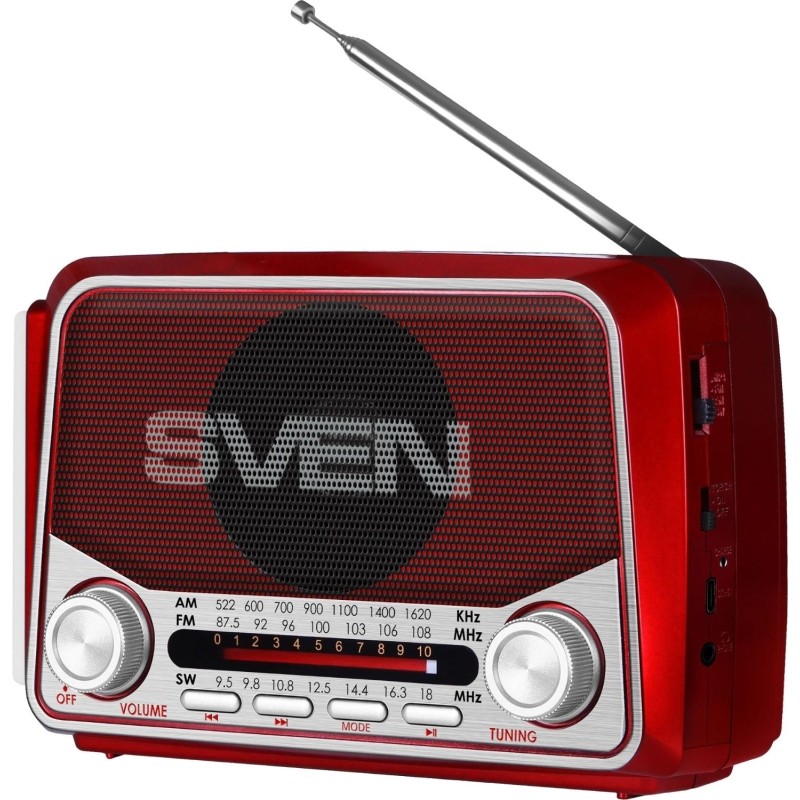 Радиоприемник Sven SRP-150, красный, BT/FM/AM/SW/USB/microSD, фонарь, аккум